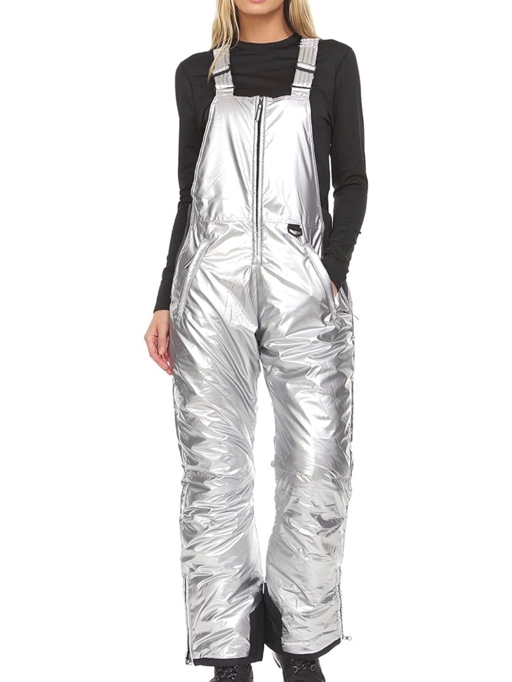 Silver Metallic Insulated Snow Bib Overalls for Women Size L Futuristic Y2K